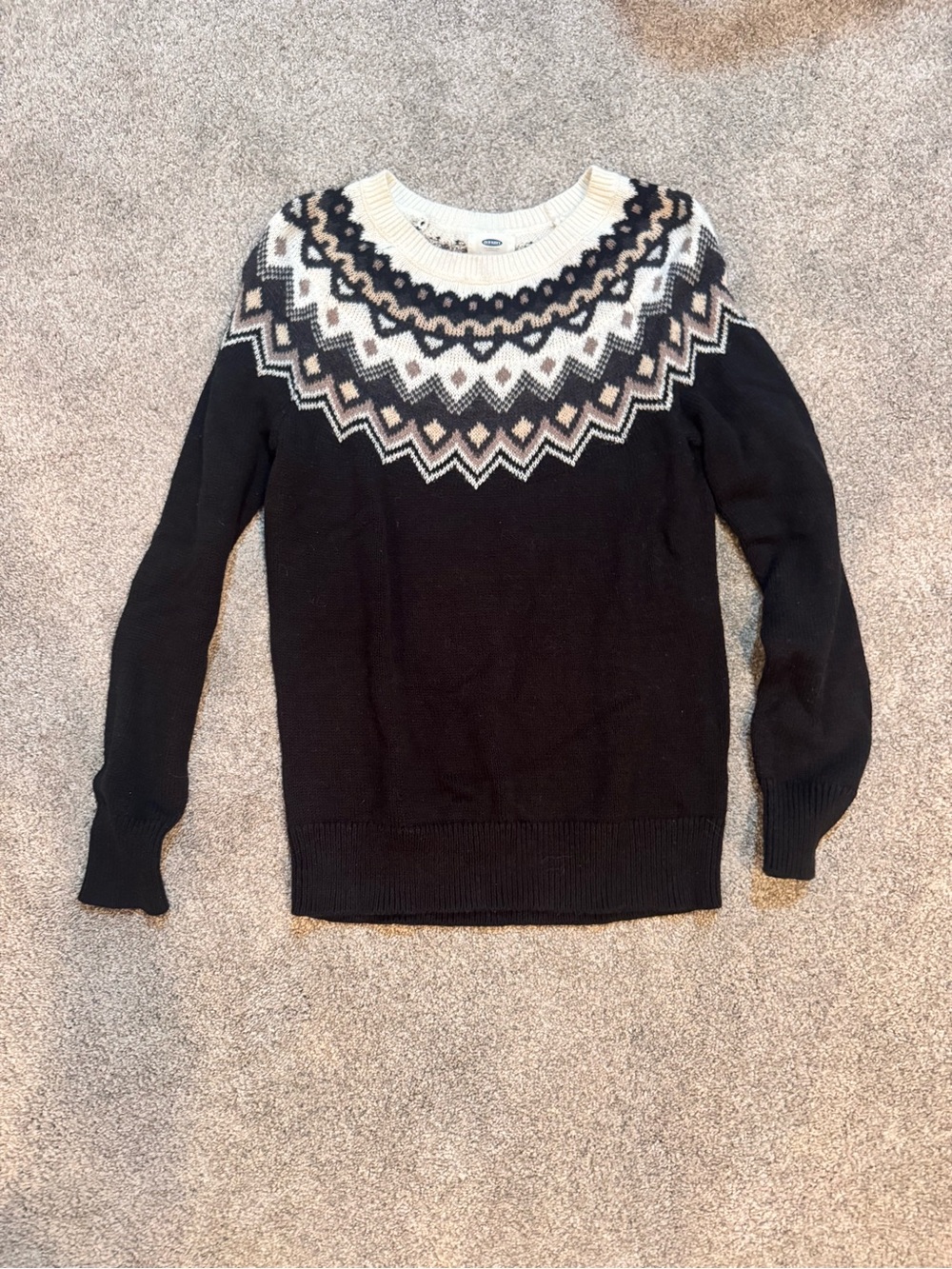 Old Navy Black Crewneck Sweater with Cream & Gray Fair Isle Yoke